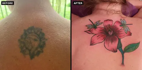Before and after: a faded sun on the upper back covered with a pink lily and two dragonflies
