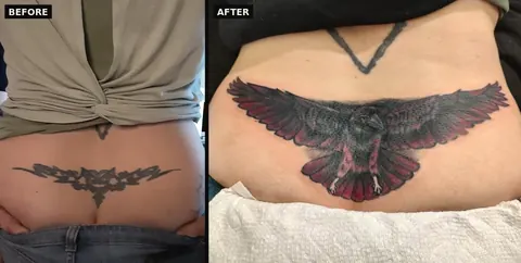 Before and after: an old lower back tribal piece covered with a raven in flight, wings spread wide