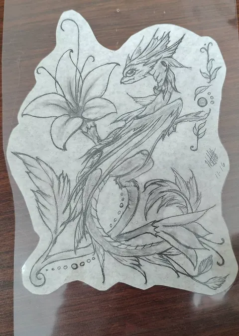 Pencil drawing of a lily and a dragon on tracing paper