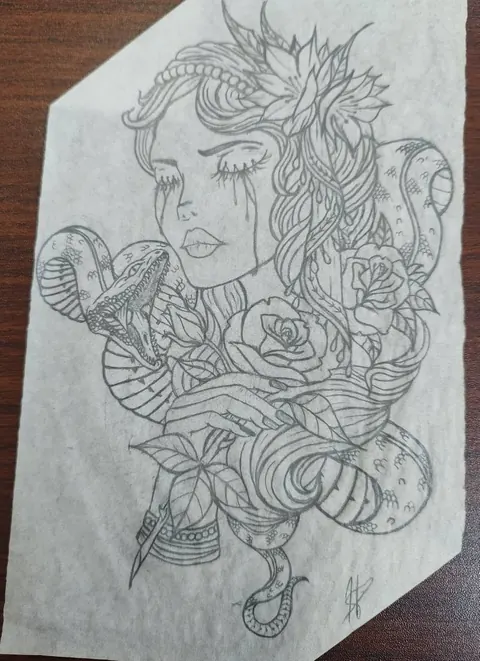 Pencil drawing of a woman with a snake and flowers on tracing paper